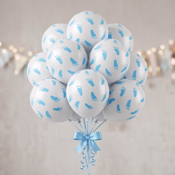 Set 10 baloane latex cu picioruse bleu 30 cm, Botez Baietel Buchet plutitor format din set 10 baloane latex cu picioruse bleu 30 cm pentru botez baietel