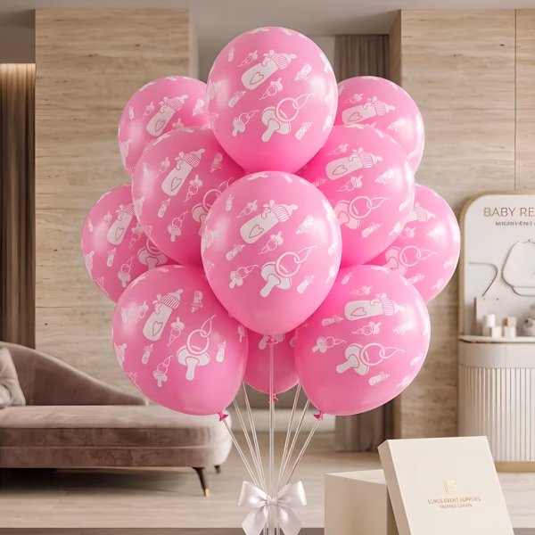 Set 10 baloane latex roz tematica baby girl 30 cm Buchet festiv format din set 10 baloane latex roz tematica baby girl 30 cm pentru baby shower si botez