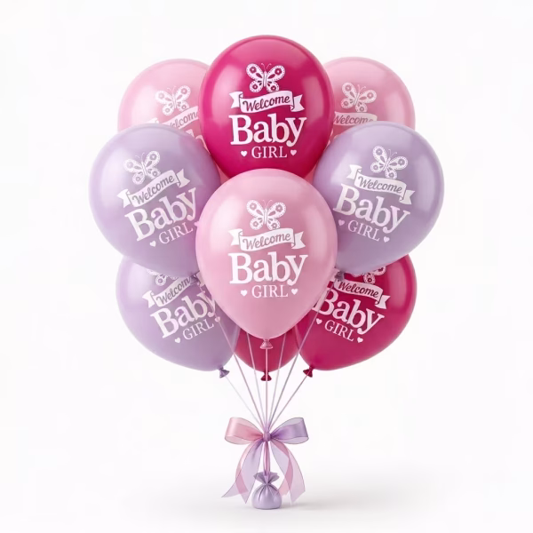 Set 10 baloane latex roz welcome baby girl 30 cm, Mix Fucsia si Mov Set 10 baloane latex roz welcome baby girl 30 cm, Mix Fucsia si Mov