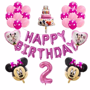 Set 26 baloane cu cifra 2 si banner Minnie, Folie si Latex Decor aniversar format din set 26 baloane cu cifra 2 si banner Minnie roz pentru fetite