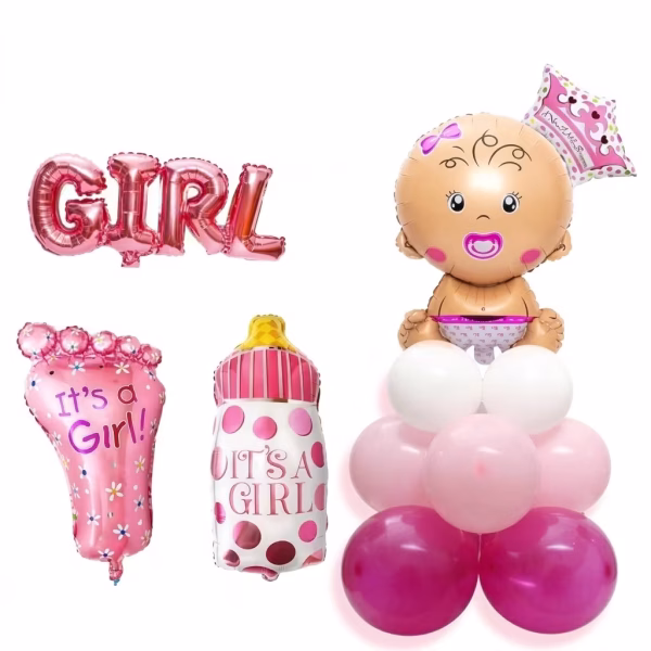 Set de baloane folie tematice pentru fetite incluzand figurina bebelus biberon talpa textul girl si baza din latex in nuante de roz si alb