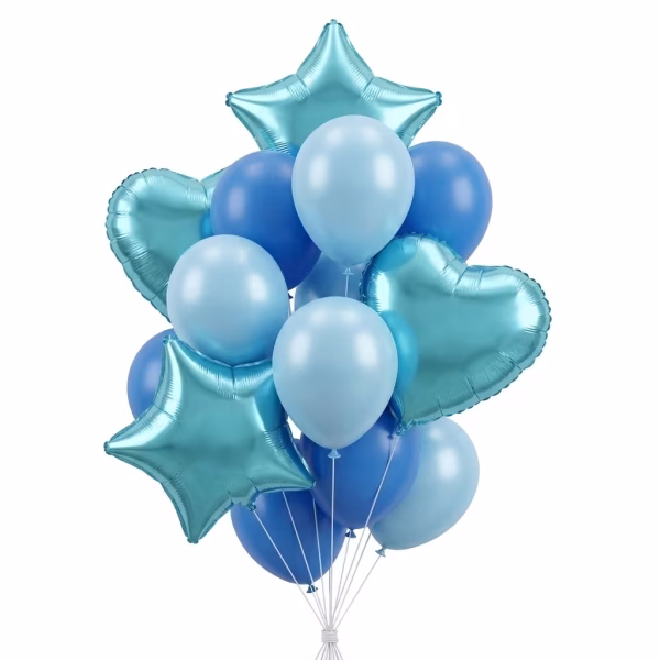Set de 14 baloane in nuante de albastru format din baloane folie metalizata in forma de inima si stea, alaturi de baloane din latex bleu deschis si albastru intens, grupate intr-un buchet festiv