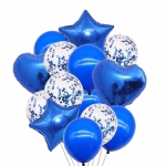 Set de 14 baloane albastre format din baloane folie metalizata in forma de inima si stea, baloane din latex albastru intens si baloane transparente umplute cu confetti albastru, grupate intr-un buchet festiv
