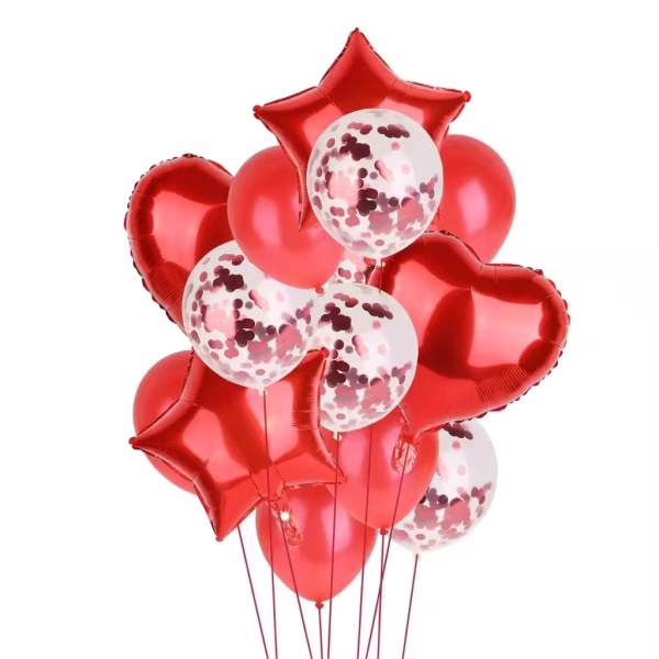 Set de 14 baloane rosii format din baloane folie metalizata in forma de inima si stea, baloane din latex rosu intens si baloane transparente umplute cu confetti rosu, grupate intr-un buchet festiv