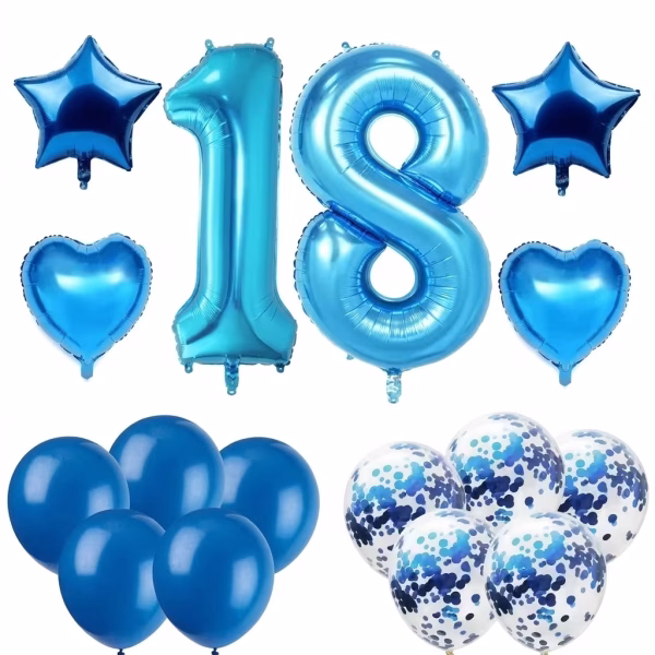 Set festiv pentru majorat in nuante de albastru continand cifrele 1 si 8 uriase din folie baloane in forma de inima si stea alaturi de baloane din latex simple si cu confetti