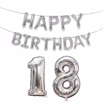 Set de baloane din folie argintie format din bannerul cu mesajul Happy Birthday suspendat pe doua randuri si cifrele voluminoase 1 si 8 pentru majorat