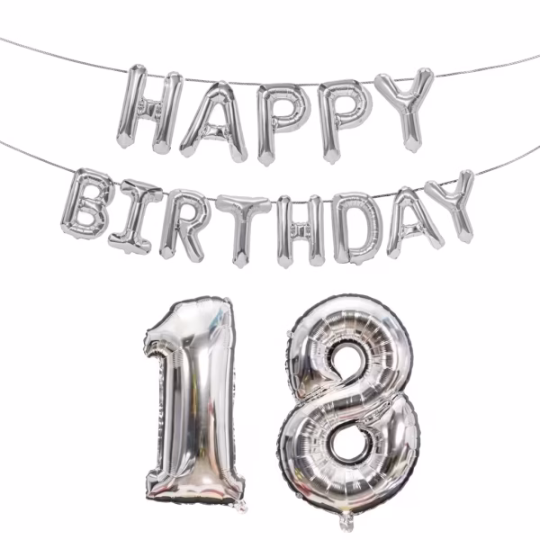 Set de baloane din folie argintie format din bannerul cu mesajul Happy Birthday suspendat pe doua randuri si cifrele voluminoase 1 si 8 pentru majorat