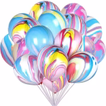 Set de baloane din latex cu aspect marmorat multicolor prezentand modele abstracte fluide in nuante de roz albastru galben si alb