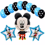 Set festiv format din 13 baloane tematice, incluzând o figurină gigant cu personajul Mickey Mouse, două baloane din folie în formă de stea cu margini albastre și mesajul Happy Birthday, alături de zece baloane din latex cu buline albe, asortate în nuanțe de albastru deschis și negru
