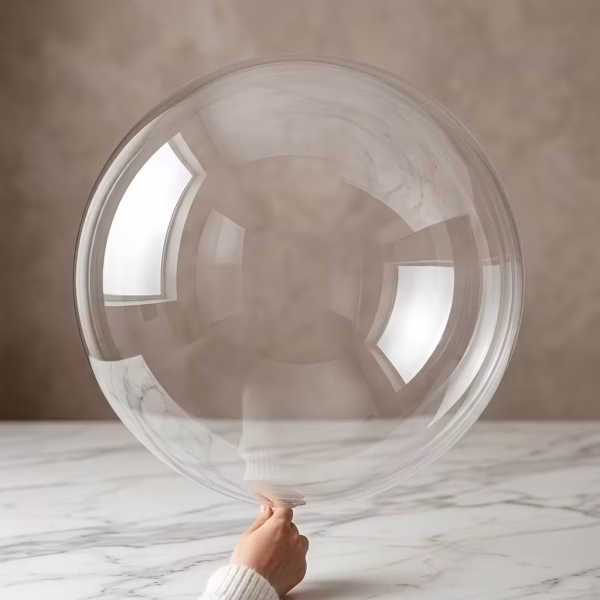balon bobo transparent poliuretan jumbo Balon bobo transparent de 45 cm, perfect sferic, demonstrand claritatea materialului premium din poliuretan care nu se matuieste.