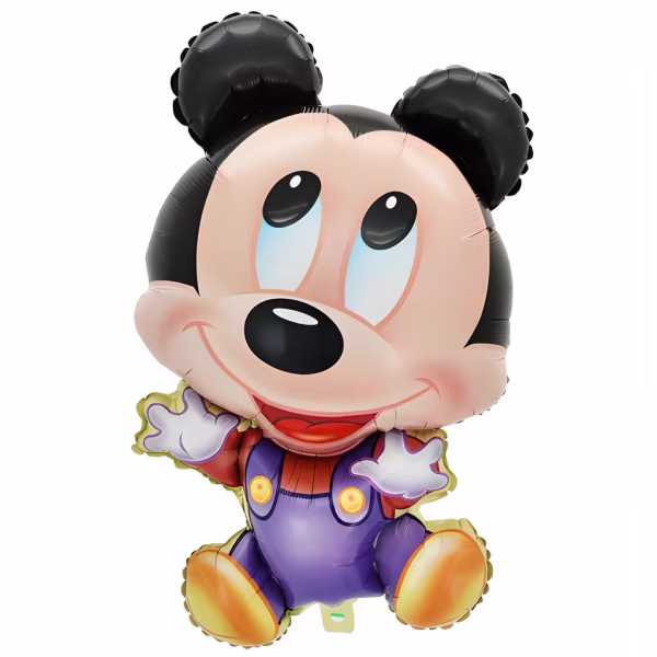 Balon din folie decupat in forma figurinei Baby Mickey Mouse zambind cu gura deschisa si privind in sus imbracat intr-o salopeta mov cu nasturi galbeni bluzita rosie manusi albe si incaltaminte galbena