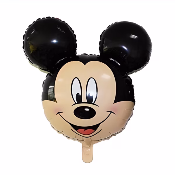 Balon urias din folie decupat in forma capului lui Mickey Mouse cu urechi negre rotunde ochi mari nas proeminent si o expresie faciala zambitoare