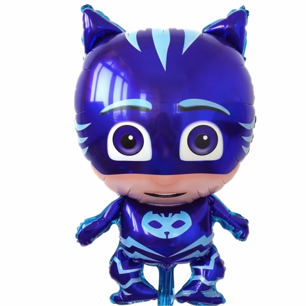 Balon din folie metalizata in forma personajului Pisoi din Eroi in Pijama imbracat in costumul sau albastru de supererou cu masca si urechi de pisica