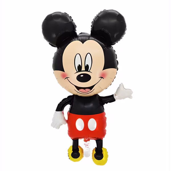 Balon gigant din folie decupat in forma figurinei intregi Mickey Mouse zambind cu o mana ridicata in semn de salut purtand pantaloni scurti rosii cu nasturi albi manusi albe si pantofi galbeni