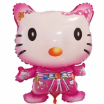 Balon din folie metalizată decupat pe contur în formă de figurină, reprezentând personajul Hello Kitty purtând o ținută roz vibrantă decorată cu o fundă mare și imprimeuri jucăușe, având floricele pe urechi