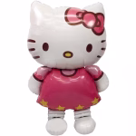 Balon din folie metalizata in forma personajului Hello Kitty imbracata in rochie roz cu stele galbene si funda clasica asortata