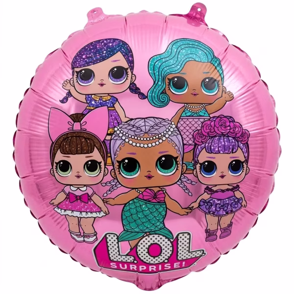 Balon rotund din folie de culoare roz ilustrand cinci papusi L.O.L. Surprise in tinute viu colorate cu detalii ce imita sclipiciul si logo-ul oficial in partea inferioara