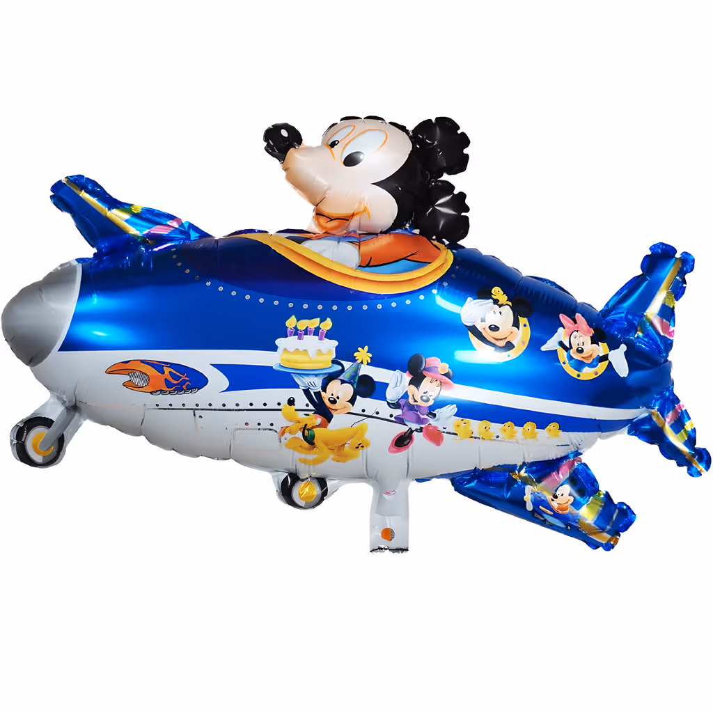 Balon din folie decupat in forma de avion albastru cu alb pilotat de Mickey Mouse avand imprimate pe fuzelaj personajele Minnie Pluto cu un tort si Donald Duck in ferestre