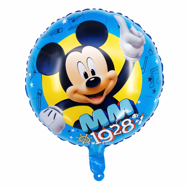 Balon rotund din folie ilustrandu-l central pe Mickey Mouse zambind larg si aratand cu degetul in sus pe un fundal galben luminos incadrat de o margine albastra cu stele albe note muzicale creioane si textul MM 1928