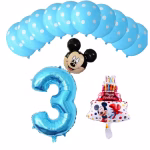 set baloane cifra 3 mickey mouse Set de 13 baloane aniversare pentru varsta de 3 ani, cu tematica Mickey Mouse, incluzand cifra 3 albastra, baloane cu buline albe, un tort din folie si capul lui Mickey.