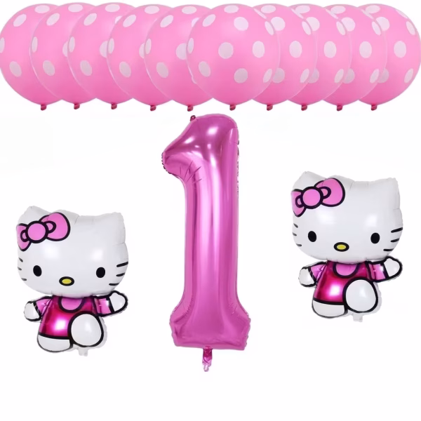 Set festiv format din 13 baloane, incluzând zece baloane din latex roz cu buline albe, un balon din folie gigant în formă de cifra 1 de culoare roz metalizat și două baloane din folie tip figurină reprezentând personajul Hello Kitty purtând rochițe fucsia