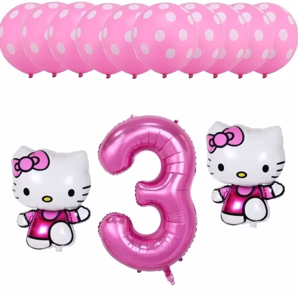Set festiv format din 13 baloane, incluzând zece baloane din latex roz cu buline albe, un balon din folie gigant în formă de cifra 3 de culoare roz metalizat și două baloane din folie tip figurină reprezentând personajul Hello Kitty purtând rochițe fucsia
