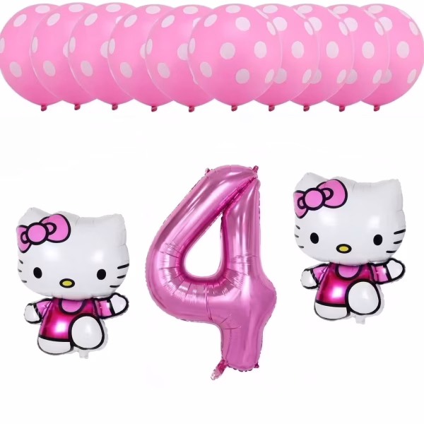 Set festiv format din 13 baloane, incluzând zece baloane din latex roz cu buline albe, un balon din folie gigant în formă de cifra 4 de culoare roz metalizat și două baloane din folie tip figurină reprezentând personajul Hello Kitty purtând rochițe fucsia