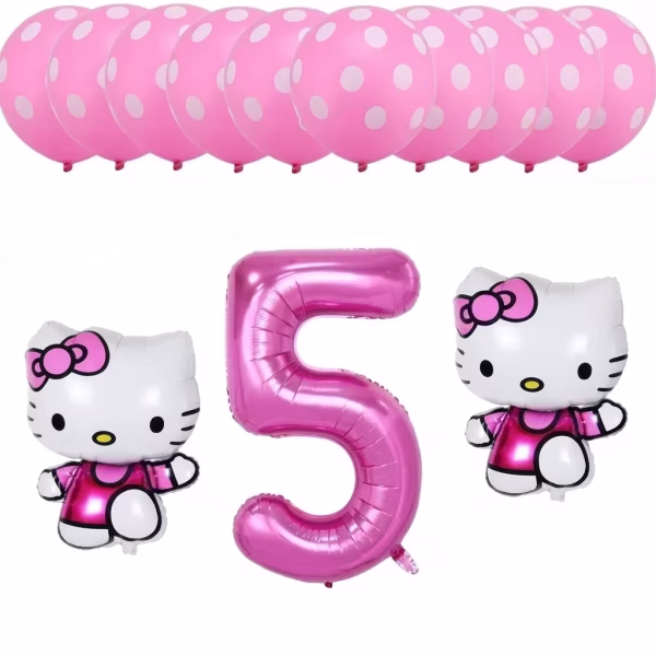Set festiv format din 13 baloane, incluzând zece baloane din latex roz cu buline albe, un balon din folie gigant în formă de cifra 5 de culoare roz metalizat și două baloane din folie tip figurină reprezentând personajul Hello Kitty purtând rochițe fucsia