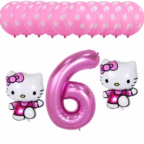 Set festiv format din 13 baloane, incluzând zece baloane din latex roz cu buline albe, un balon din folie gigant în formă de cifra 6 de culoare roz metalizat și două baloane din folie tip figurină reprezentând personajul Hello Kitty purtând rochițe fucsia