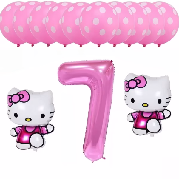 Set festiv format din 13 baloane, incluzând zece baloane din latex roz cu buline albe, un balon din folie gigant în formă de cifra 7 de culoare roz metalizat și două baloane din folie tip figurină reprezentând personajul Hello Kitty purtând rochițe fucsia