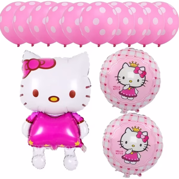 Set format din 13 baloane tematice, incluzând zece baloane din latex roz cu buline albe, o figurină gigant din folie cu Hello Kitty în rochiță fucsia și două baloane rotunde din folie cu personajul pe un fundal roz
