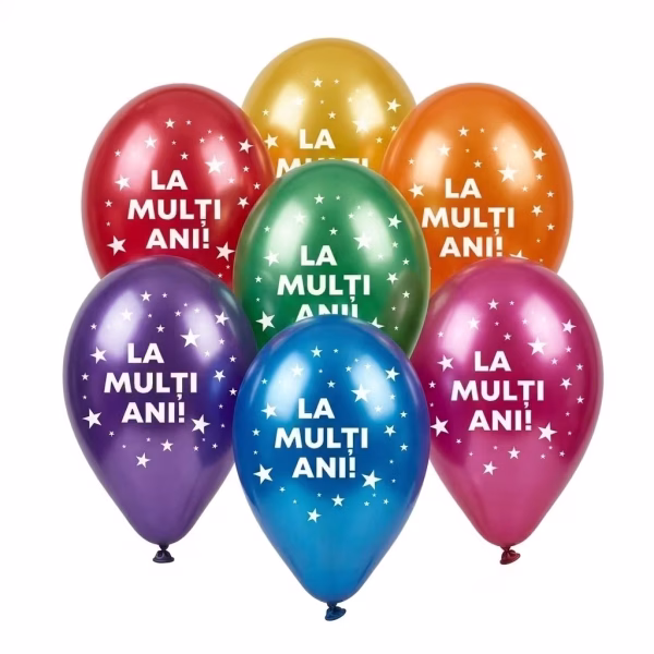 set 20 baloane latex la multi ani multicolor Set de baloane din latex multicolore cu finisaj metalizat, inscriptionate cu mesajul La Multi Ani si stelute albe, dimensiune 30 cm.