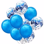 Buchet format din 10 baloane din latex in nuante vibrante de albastru clasic si baloane transparente umplute cu confetti albastru