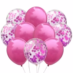 Buchet format din 10 baloane din latex in nuante vibrante de roz fuchsia plin si baloane transparente umplute cu confetti roz