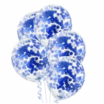 Buchet format din 5 baloane din latex transparent umplute cu confetti albastru intens