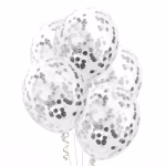 Buchet format din 5 baloane din latex transparent umplute cu confetti argintiu metalizat si elegant