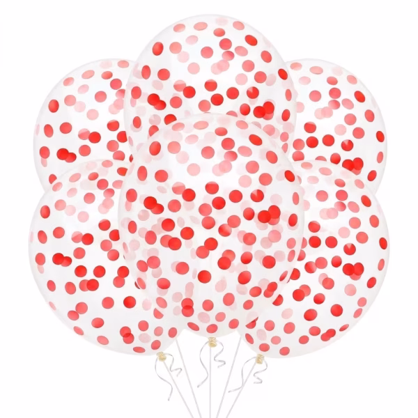 Buchet format din 5 baloane din latex transparent umplute cu confetti rosu intens