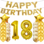 Set decorativ pentru majorat complet auriu continand bannerul Happy Birthday cifrele mari 1 si 8 baloane stea baloane aurii simple si cu confetti