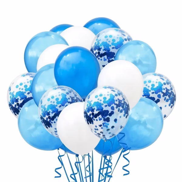 Buchet format din 20 baloane din latex in mix de nuante albastru clasic bleu deschis alb pur si baloane transparente umplute cu confetti albastru
