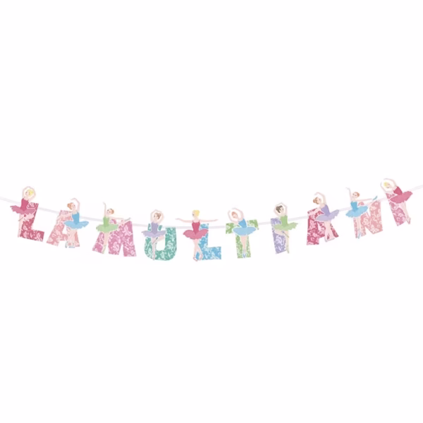 banner la multi ani cu balerine Banner decorativ suspendat cu mesajul La Multi Ani, decorat intercalat cu ilustratii delicate de balerine si litere mari in culori pastelate cu model imprimat.