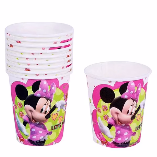 Pahare din carton cu imprimeu Minnie Mouse ilustrand personajul Disney in rochita roz cu buline albe pe un fundal vesel verde cu roz decorat cu floricele