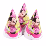 set 5 coifuri cu minnie Set de 5 coifuri din carton pentru petreceri de fetite, avand imprimeu cu personajul Disney Minnie Mouse purtand o rochita roz cu buline albe.