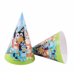 Set 5 Coifuri Petrecere Familia Bluey 20x14 cm Set de 5 coifuri pentru petrecere din carton, dimensiune 20 pe 14 cm, cu imprimeu Familia Bluey ilustrand personajele din desenul animat.