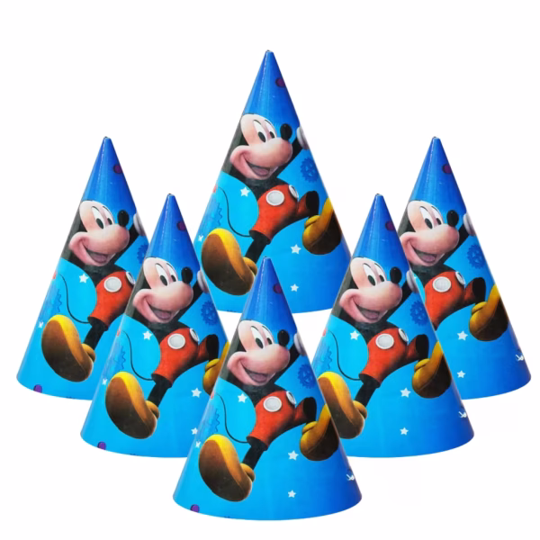 Set 5 Coifuri Mickey Mouse 20x14 cm Set de 5 coifuri pentru petrecere din carton, dimensiune 20 pe 14 cm, cu imprimeu Mickey Mouse pe fundal albastru.