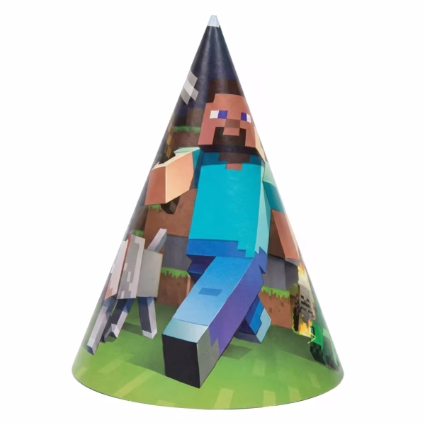 Set 5 Coifuri Minecraft 20x14 cm Set de 5 coifuri pentru petrecere din carton, dimensiune 20 pe 14 cm, cu imprimeu Minecraft ilustrandu-l pe personajul Steve cu tarnacopul.