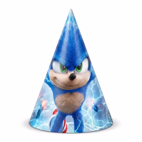Set 5 Coifuri Super Sonic 20x14 cm Set de 5 coifuri pentru petrecere din carton, dimensiune 20 pe 14 cm, cu imprimeu Super Sonic ilustrand faimosul arici albastru in miscare rapida printre fulgere.