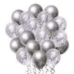 Buchet format din 20 baloane din latex in nuante de argintiu chrome metalizat si baloane transparente umplute cu confetti argintiu