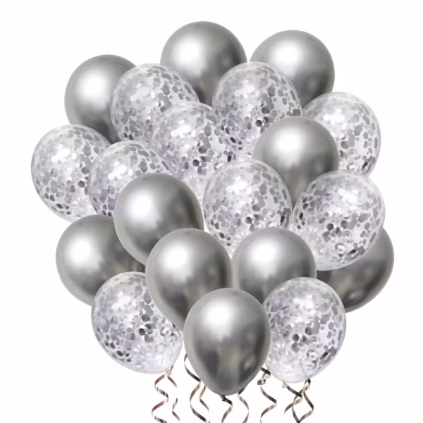 Buchet format din 20 baloane din latex in nuante de argintiu chrome metalizat si baloane transparente umplute cu confetti argintiu