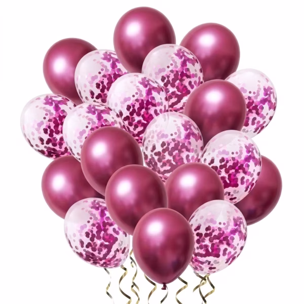Buchet format din 20 baloane din latex in mix de nuante roz chrome metalizat si baloane transparente umplute cu confetti roz intens
