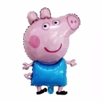Balon din folie decupat pe contur in forma personajului George din desenul animat Peppa Pig ilustrat zambind cu un obraz roz si purtand clasica sa bluzita albastra simpla